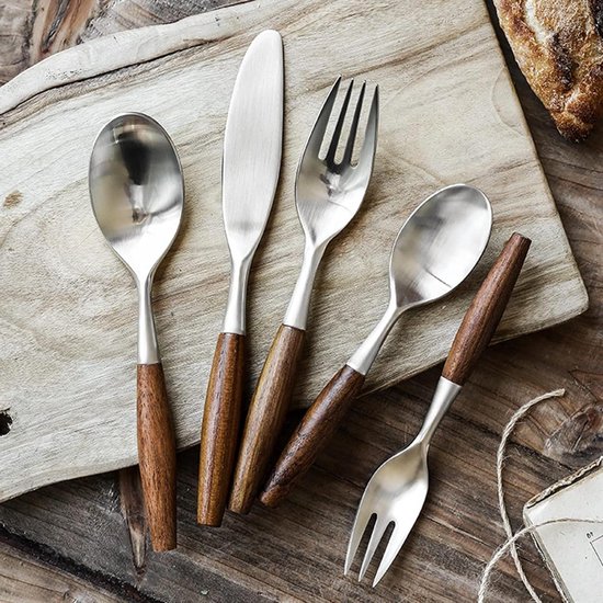 Bestekset Houten Handvat - Roestvrij Staal - Picknick Kamperen - Set van 5 - 500 Gram - Zilver