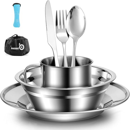 Bestekset van Roestvrij Staal voor 1 Persoon - Picknick Set met Bord Kom Vork Lepel Mes - Camping Reizen Servies Kit