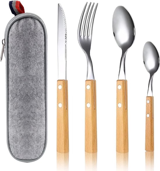 bestekset voor 1 personen, roestvrij staal, campingbestek, bestek met verdikte houten handgreep, keukenbestek, campingbestekset voor 1 persoon van TrueTools