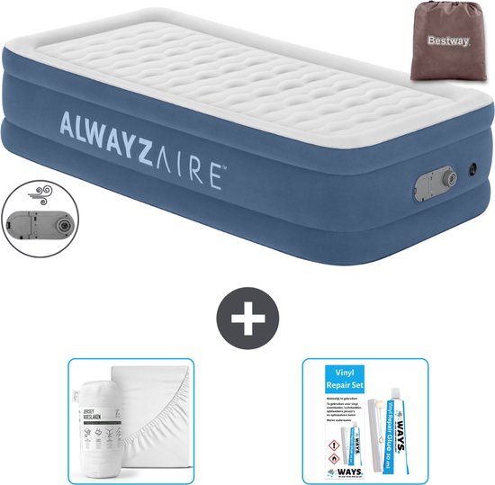 Bestway Alwayszair luchtbed - 1-Persoons - 97 x 191 x 46 cm - Blauw - Inclusief pomp - Hoeslaken en Reparatieset van Bestway