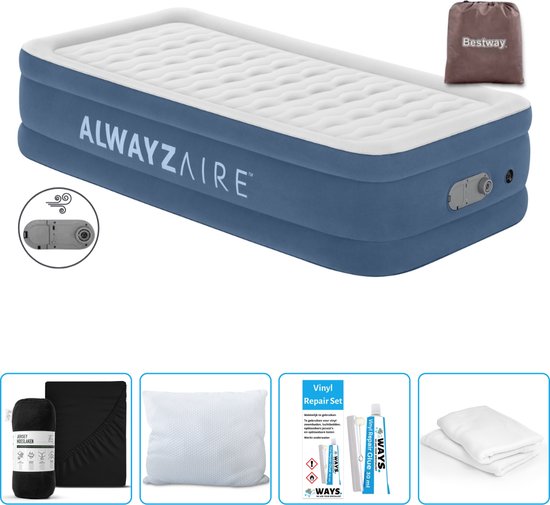 Bestway Alwayszair luchtbed - 1-Persoons - 97 x 191 x 46 cm - Blauw - Inclusief pomp - Hoeslaken - Kussen - Kussenbeschermer en Reparatieset van Bestway