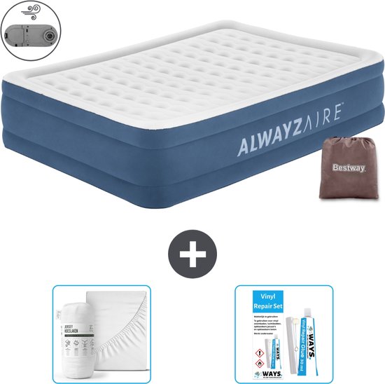 Bestway Alwayszair luchtbed - 2-Persoons - 152 x 203 x 46 cm - Blauw - Inclusief pomp - Hoeslaken en Reparatieset van Merkloos