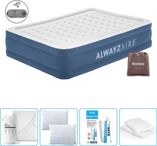 Bestway Alwayszair luchtbed - 2-Persoons - 152 x 203 x 46 cm - Blauw - Inclusief pomp - Hoeslaken - Kussen - Kussenbeschermer en Reparatieset van Merkloos