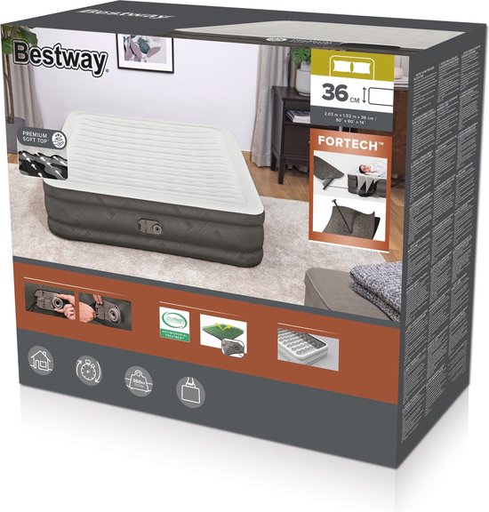 Bestway Fortech Queen Luchtmatras met Ingebouwde AC-Pomp en Antimicrobiële Coating 2,03 m x 1,52 m x 36 cm van Bestway