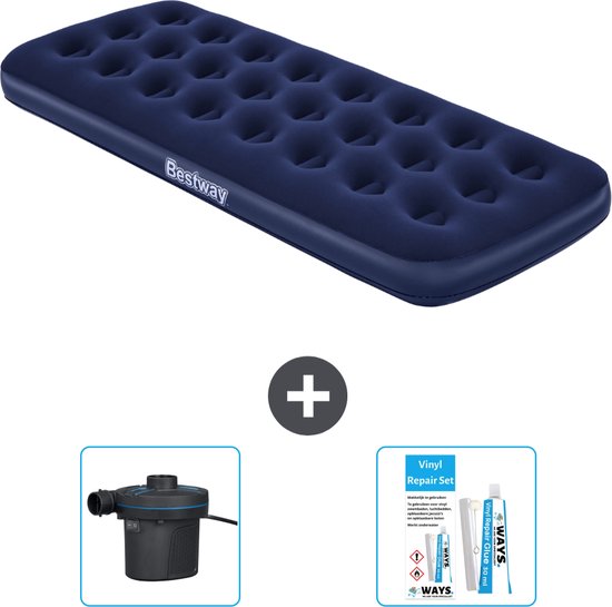 Bestway luchtbed - 1-Persoons - 76 x 185 x 22 cm - Blauw - Inclusief Pomp en Reparatieset van Bestway