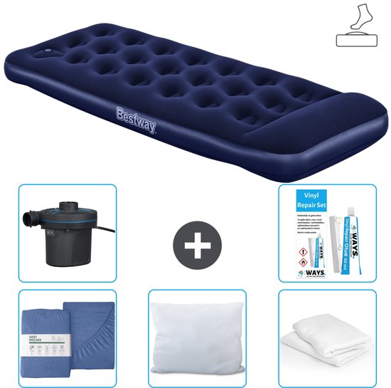 Bestway luchtbed - 1-Persoons - 76 x 185 x 28 cm - Blauw - Inclusief pomp - Hoeslaken - Kussen - Kussenbeschermer - Pomp en Reparatieset van Merkloos