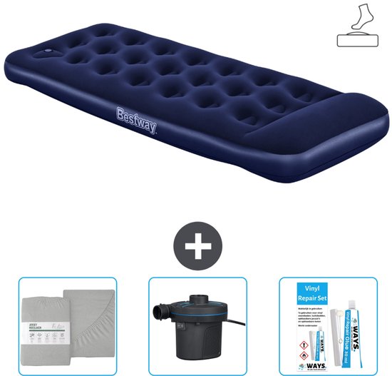 Bestway luchtbed - 1-Persoons - 76 x 185 x 28 cm - Blauw - Inclusief pomp - Hoeslaken - Pomp en Reparatieset van Merkloos