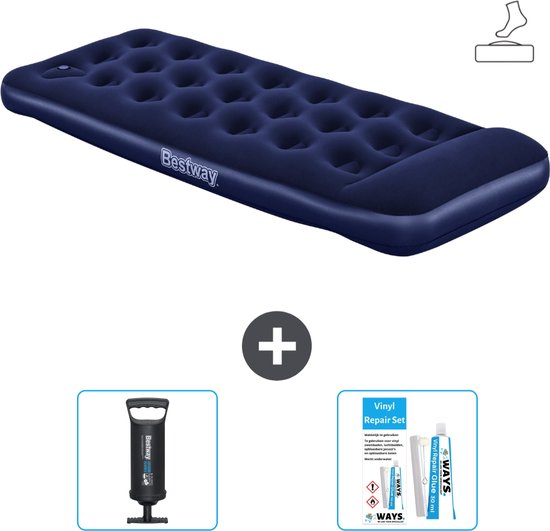 Bestway luchtbed - 1-Persoons - 76 x 185 x 28 cm - Blauw - Inclusief pomp - Pomp en Reparatieset van Merkloos