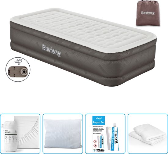 Bestway luchtbed - 1-Persoons - 97 x 191 x 46 cm - Bruin - Inclusief pomp - Hoeslaken - Kussen - Kussenbeschermer en Reparatieset van Bestway