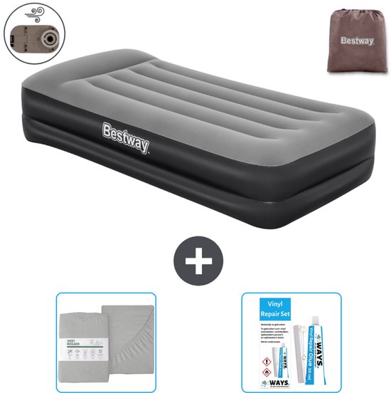 Bestway luchtbed - 1-Persoons - 97 x 191 x 46 cm - Grijs - Inclusief pomp - Hoeslaken en Reparatieset van Bestway