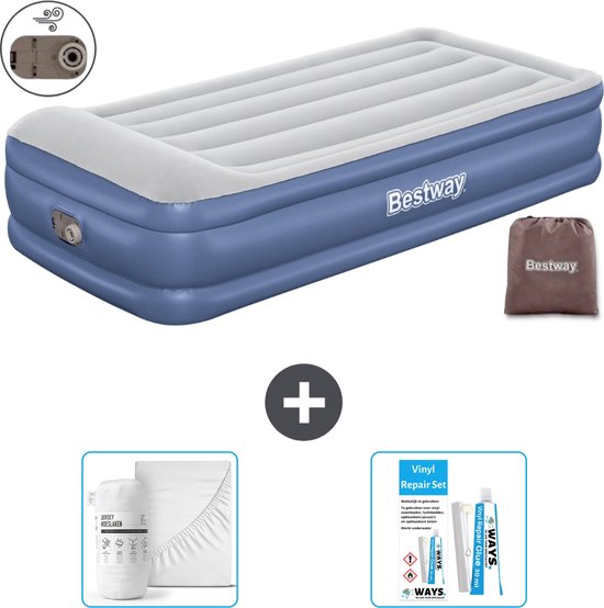Bestway luchtbed - 1-Persoons - 97 x 191 x 46 cm - Grijs/Blauw - Inclusief pomp - Hoeslaken en Reparatieset van Bestway