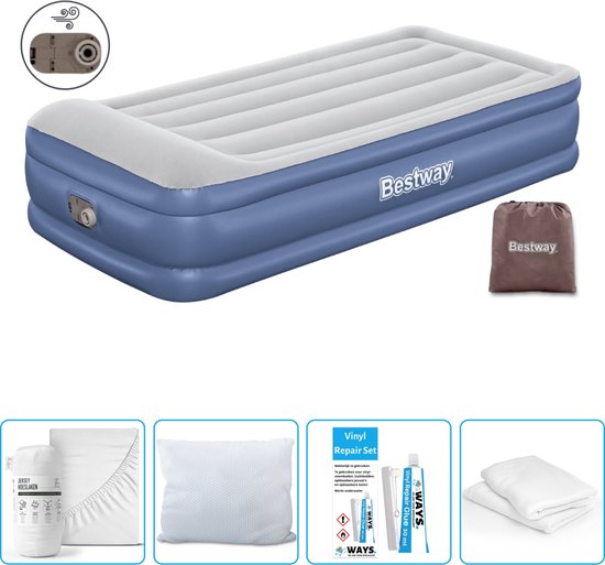 Bestway luchtbed - 1-Persoons - 97 x 191 x 46 cm - Grijs/Blauw - Inclusief pomp - Hoeslaken - Kussen - Kussenbeschermer en Reparatieset van Bestway