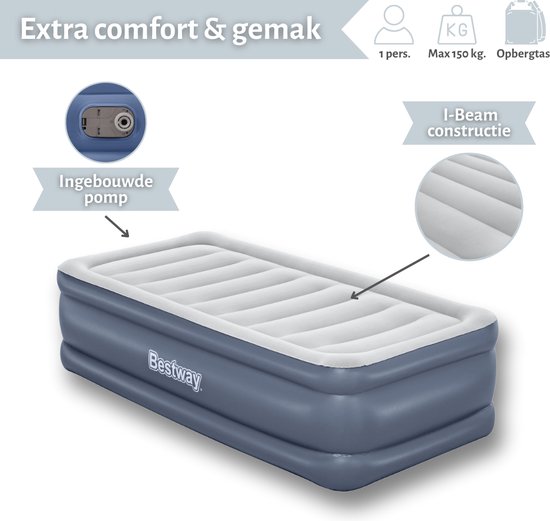 Bestway luchtbed - 1-Persoons - 97x191x51 cm (BxLxH) - Grijs - Met ingebouwde elektrische pomp - Inclusief opbergtas van Merkloos