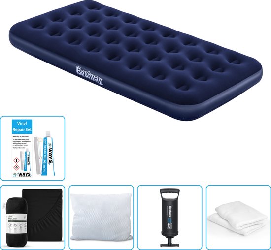 Bestway luchtbed - 1-Persoons - 99 x 188 x 22 cm - Blauw - Inclusief Hoeslaken - Kussen - Kussenbeschermer - Pomp en Reparatieset van Merkloos