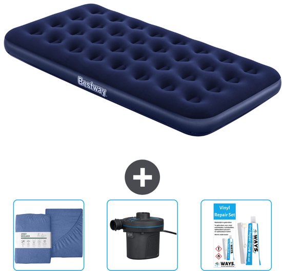 Bestway luchtbed - 1-Persoons - 99 x 188 x 22 cm - Blauw - Inclusief Hoeslaken - Pomp en Reparatieset