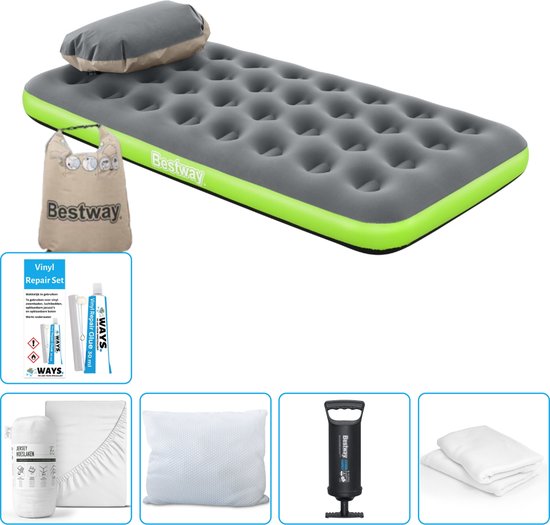 Bestway luchtbed - 1-Persoons - 99 x 188 x 22 cm - Grijs/Groen - Inclusief Hoeslaken - Kussen - Kussenbeschermer - Pomp en Reparatieset van Bestway
