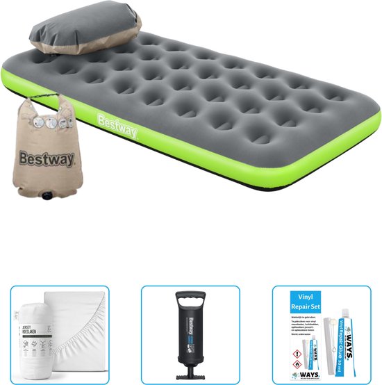 Bestway luchtbed - 1-Persoons - 99 x 188 x 22 cm - Grijs/Groen - Inclusief Hoeslaken - Pomp en Reparatieset van Merkloos
