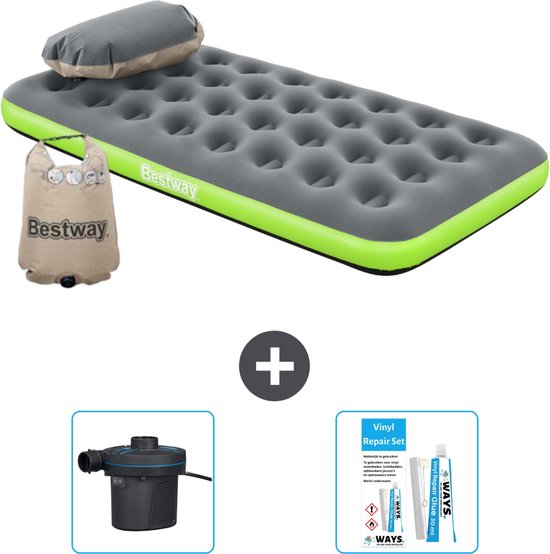 Bestway luchtbed - 1-Persoons - 99 x 188 x 22 cm - Grijs/Groen - Inclusief Pomp en Reparatieset