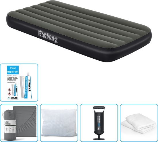 Bestway luchtbed - 1-Persoons - 99 x 188 x 28 cm - Blauw - Inclusief pomp - Hoeslaken - Kussen - Kussenbeschermer - Pomp en Reparatieset van Bestway