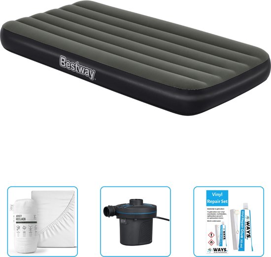 Bestway luchtbed - 1-Persoons - 99 x 188 x 28 cm - Blauw - Inclusief pomp - Hoeslaken - Pomp en Reparatieset van Bestway