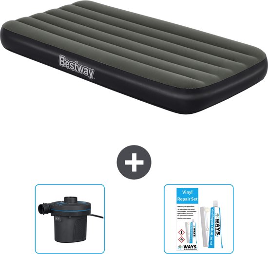 Bestway luchtbed - 1-Persoons - 99 x 188 x 28 cm - Blauw - Inclusief pomp - Pomp en Reparatieset van Merkloos