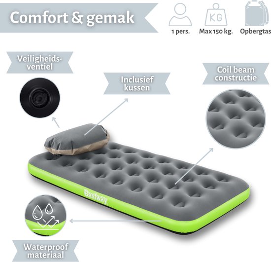Bestway luchtbed - 1-Persoons - 99x188x22 cm (BxLxH) - Grijs/Groen - Inclusief 3-in1 opbergtas van Merkloos