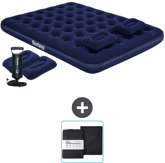 Bestway luchtbed - 2-Persoons - 152 x 203 x 22 cm - Blauw - Inclusief handpomp - kussens en Hoeslaken van Merkloos