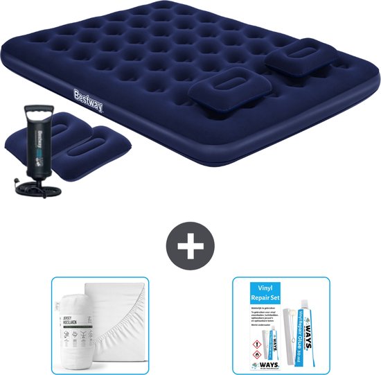 Bestway luchtbed - 2-Persoons - 152 x 203 x 22 cm - Blauw - Inclusief handpomp - kussens - Hoeslaken en Reparatieset van Bestway