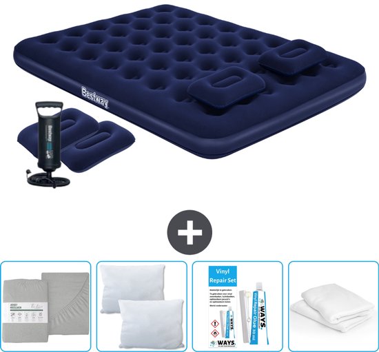 Bestway luchtbed - 2-Persoons - 152 x 203 x 22 cm - Blauw - Inclusief handpomp - kussens - Hoeslaken - Kussen - Kussenbeschermer en Reparatieset van Merkloos