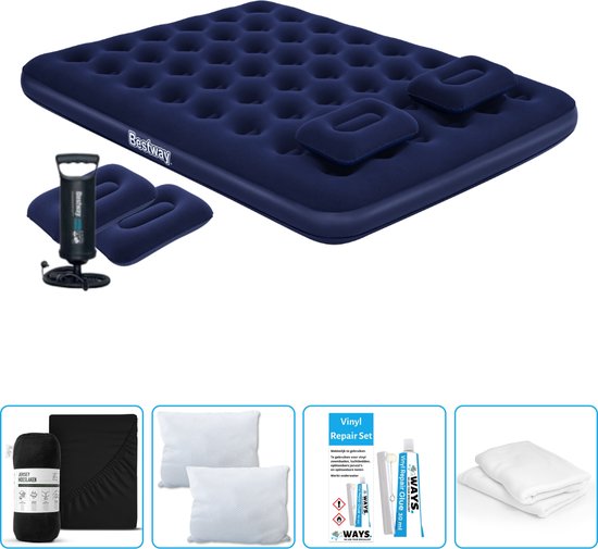 Bestway luchtbed - 2-Persoons - 152 x 203 x 22 cm - Blauw - Inclusief handpomp - kussens - Hoeslaken - Kussen - Kussenbeschermer en Reparatieset van Bestway