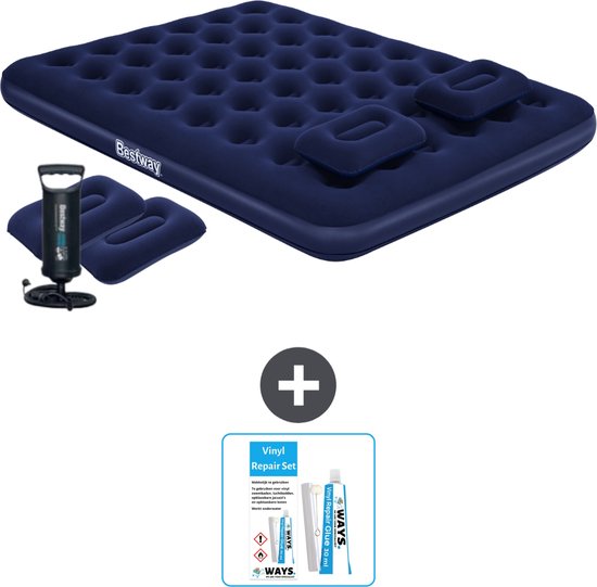 Bestway luchtbed - 2-Persoons - 152 x 203 x 22 cm - Blauw - Inclusief handpomp - kussens - Reparatieset van Merkloos