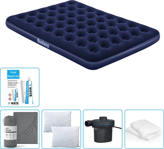 Bestway luchtbed - 2-Persoons - 152 x 203 x 22 cm - Blauw - Inclusief Hoeslaken - Kussen - Kussenbeschermer - Pomp en Reparatieset van Bestway