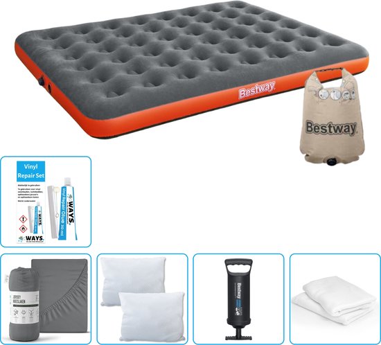 Bestway luchtbed - 2-Persoons - 152 x 203 x 22 cm - Grijs/Oranje - Inclusief Hoeslaken - Kussen - Kussenbeschermer - Pomp en Reparatieset van Bestway