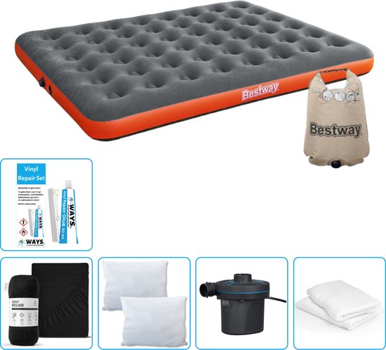 Bestway luchtbed - 2-Persoons - 152 x 203 x 22 cm - Grijs/Oranje - Inclusief Hoeslaken - Kussen - Kussenbeschermer - Pomp en Reparatieset van Bestway