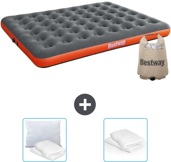 Bestway luchtbed - 2-Persoons - 152 x 203 x 22 cm - Grijs/Oranje - Inclusief Kussen en Kussenbeschermer