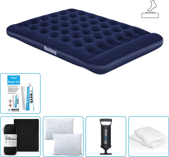 Bestway luchtbed - 2-Persoons - 152 x 203 x 28 cm - Blauw - Inclusief pomp - Hoeslaken - Kussen - Kussenbeschermer - Pomp en Reparatieset van Bestway