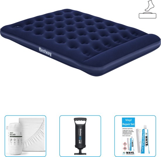 Bestway luchtbed - 2-Persoons - 152 x 203 x 28 cm - Blauw - Inclusief pomp - Hoeslaken - Pomp en Reparatieset van Bestway