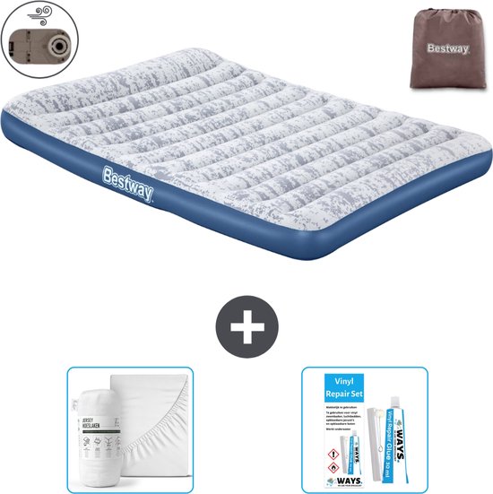 Bestway luchtbed - 2-Persoons - 152 x 203 x 30 cm - Blauw - Inclusief pomp - Hoeslaken en Reparatieset van Bestway