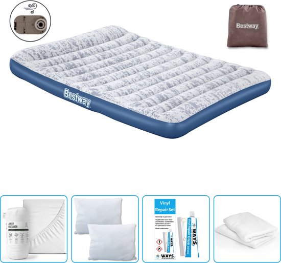 Bestway luchtbed - 2-Persoons - 152 x 203 x 30 cm - Blauw - Inclusief pomp - Hoeslaken - Kussen - Kussenbeschermer en Reparatieset van Bestway