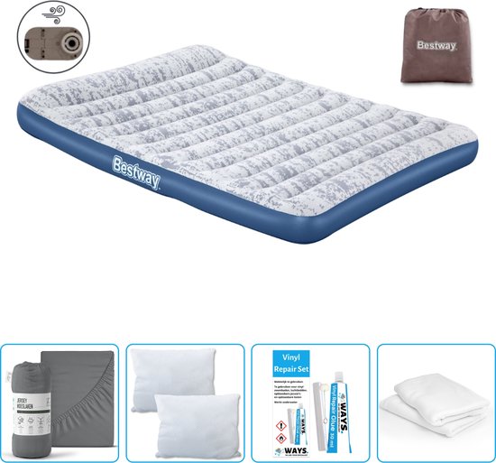Bestway luchtbed - 2-Persoons - 152 x 203 x 30 cm - Blauw - Inclusief pomp - Hoeslaken - Kussen - Kussenbeschermer en Reparatieset van Bestway
