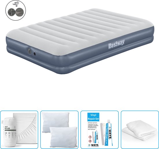 Bestway luchtbed - 2-Persoons - 152 x 203 x 36 cm - Blauw - Inclusief pomp - Hoeslaken - Kussen - Kussenbeschermer en Reparatieset van Bestway
