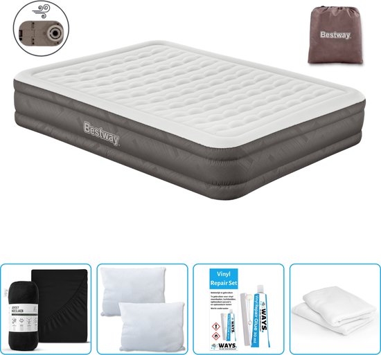 Bestway luchtbed - 2-Persoons - 152 x 203 x 36 cm - Bruin - Inclusief pomp - Hoeslaken - Kussen - Kussenbeschermer en Reparatieset van Bestway