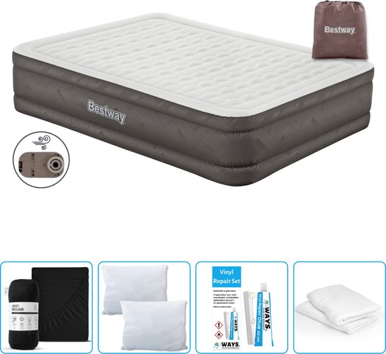 Bestway luchtbed - 2-Persoons - 152 x 203 x 46 cm - Bruin - Inclusief pomp - Hoeslaken - Kussen - Kussenbeschermer en Reparatieset van Bestway