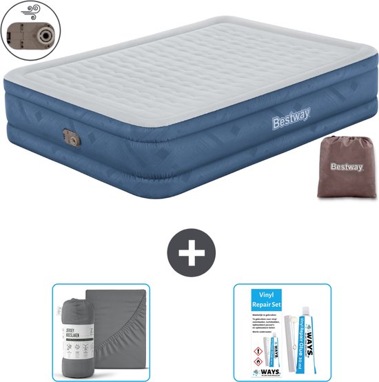Bestway luchtbed - 2-Persoons - 152 x 203 x 46 cm - Grijs - Inclusief pomp - Hoeslaken en Reparatieset van Bestway