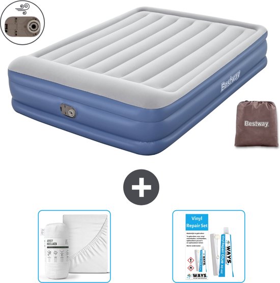 Bestway luchtbed - 2-Persoons - 152 x 203 x 46 cm - Grijs/Blauw - Inclusief pomp - Hoeslaken en Reparatieset van Bestway