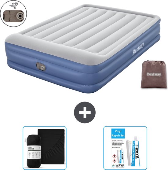 Bestway luchtbed - 2-Persoons - 152 x 203 x 46 cm - Grijs/Blauw - Inclusief pomp - Hoeslaken en Reparatieset van Bestway