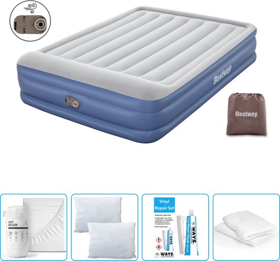Bestway luchtbed - 2-Persoons - 152 x 203 x 46 cm - Grijs/Blauw - Inclusief pomp - Hoeslaken - Kussen - Kussenbeschermer en Reparatieset van Bestway