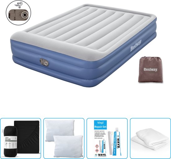 Bestway luchtbed - 2-Persoons - 152 x 203 x 46 cm - Grijs/Blauw - Inclusief pomp - Hoeslaken - Kussen - Kussenbeschermer en Reparatieset van Bestway