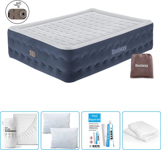 Bestway luchtbed - 2-Persoons - 152 x 203 x 51 cm - Blauw - Inclusief pomp - Hoeslaken - Kussen - Kussenbeschermer en Reparatieset van Bestway