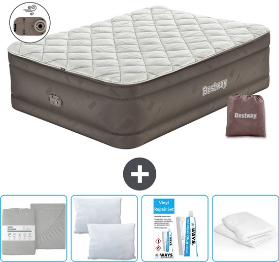 Bestway luchtbed - 2-Persoons - 152 x 203 x 51 cm - Bruin - Inclusief pomp - Hoeslaken - Kussen - Kussenbeschermer en Reparatieset van Bestway